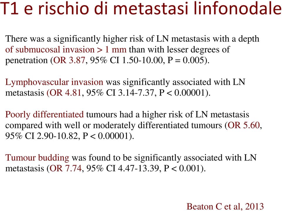 14-7.37, P < 0.00001). Poorly differentiated tumours had a higher risk of LN metastasis compared with well or moderately differentiated tumours (OR 5.