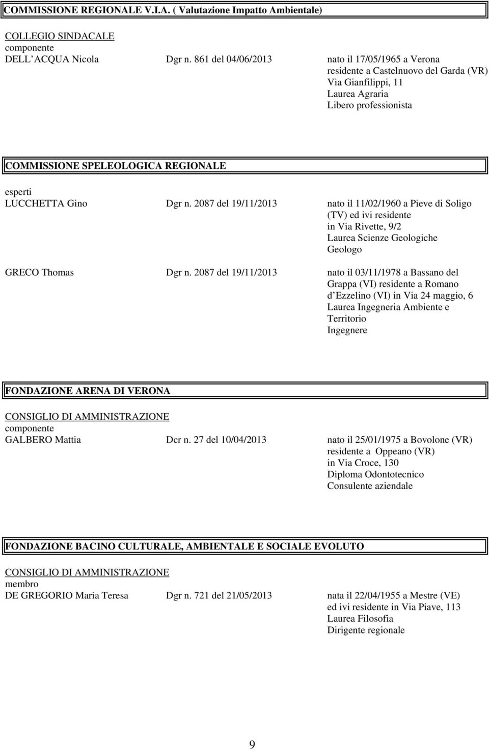 Gino Dgr n. 2087 del 19/11/2013 nato il 11/02/1960 a Pieve di Soligo (TV) ed ivi residente in Via Rivette, 9/2 Laurea Scienze Geologiche Geologo GRECO Thomas Dgr n.