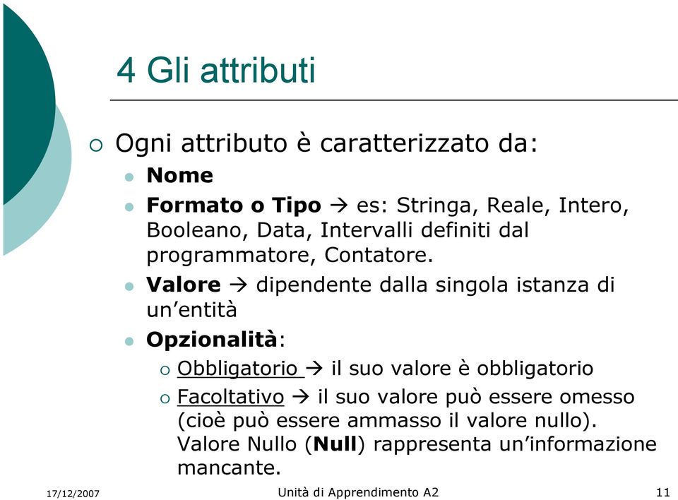 Valore dipendente dalla singola istanza di un entità Opzionalità: Obbligatorio il suo valore è obbligatorio