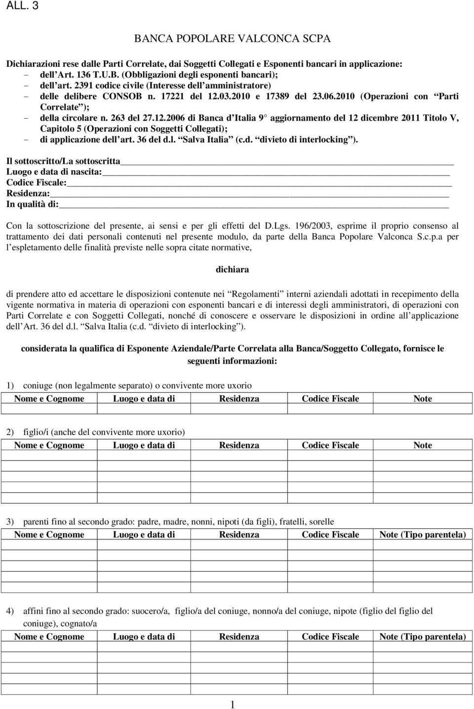 03.2010 e 17389 del 23.06.2010 (Operazioni con Parti Correlate ); - della circolare n. 263 del 27.12.