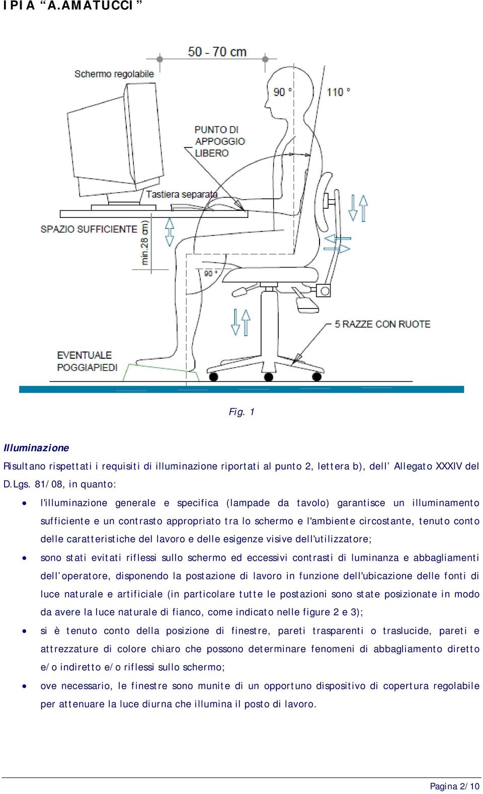 delle caratteristiche del lavoro e delle esigenze visive dell'utilizzatore; sono stati evitati riflessi sullo schermo ed eccessivi contrasti di luminanza e abbagliamenti dell operatore, disponendo la