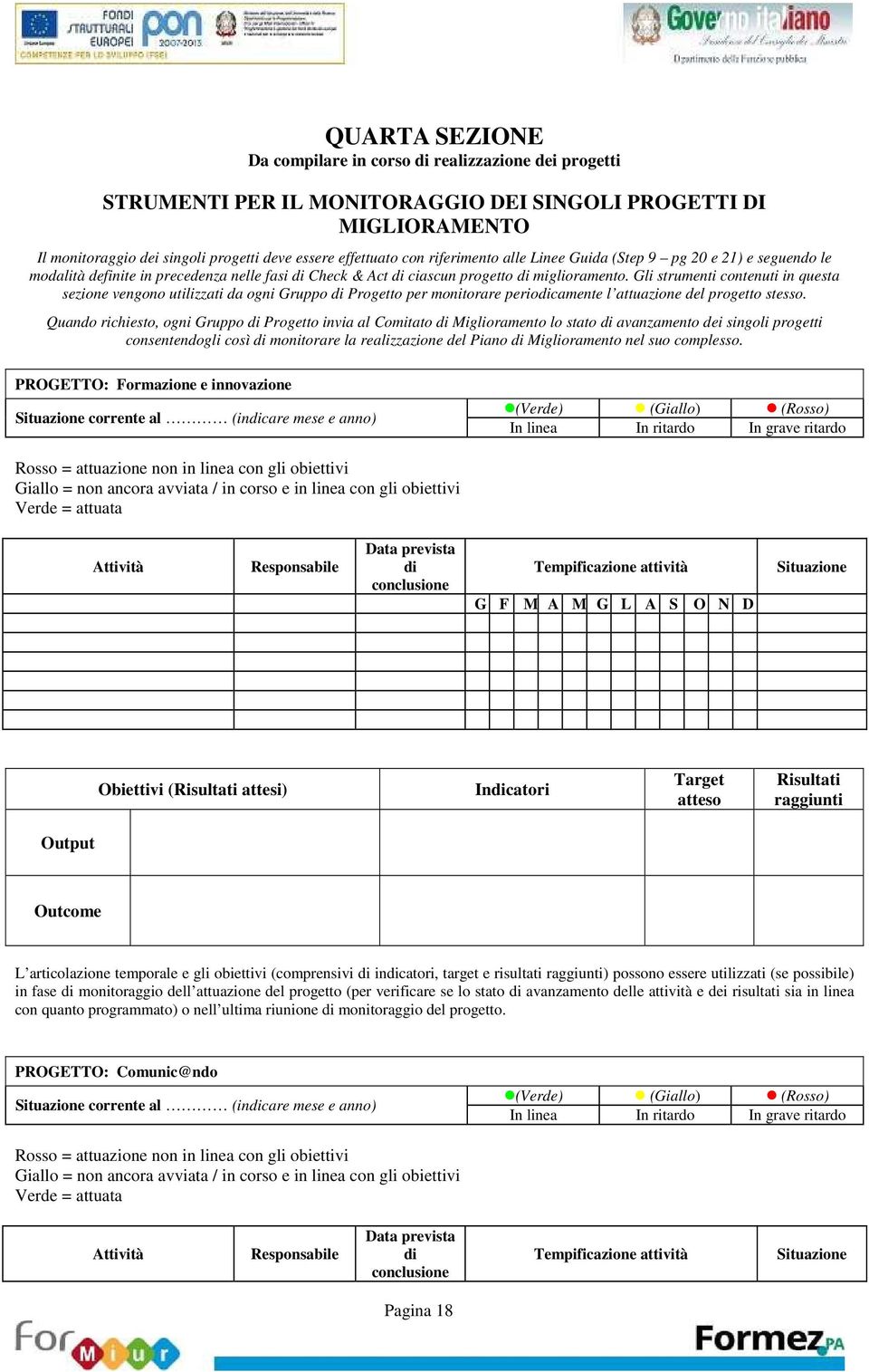 Gli strumenti contenuti in questa sezione vengono utilizzati da ogni Gruppo di Progetto per monitorare periodicamente l attuazione del progetto stesso.