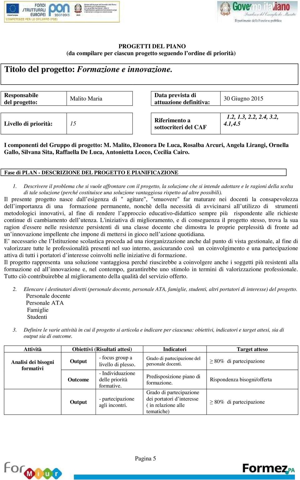 5 I componenti del Gruppo di progetto: M. Malito, Eleonora De Luca, Rosalba Arcuri, Angela Lirangi, Ornella Gallo, Silvana Sita, Raffaella De Luca, Antonietta Locco, Cecilia Cairo.