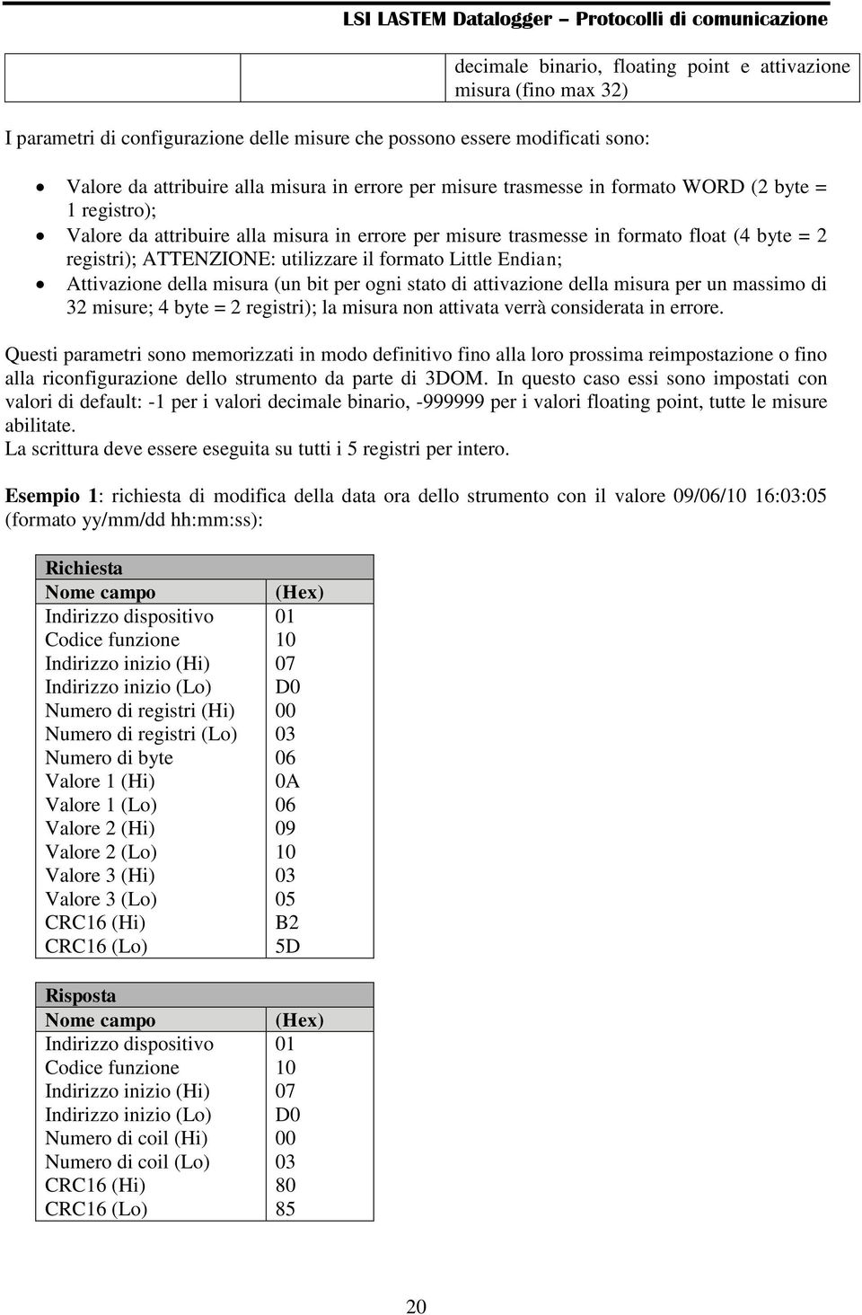 Little Endian; Attivazione della misura (un bit per ogni stato di attivazione della misura per un massimo di 32 misure; 4 byte = 2 registri); la misura non attivata verrà considerata in errore.