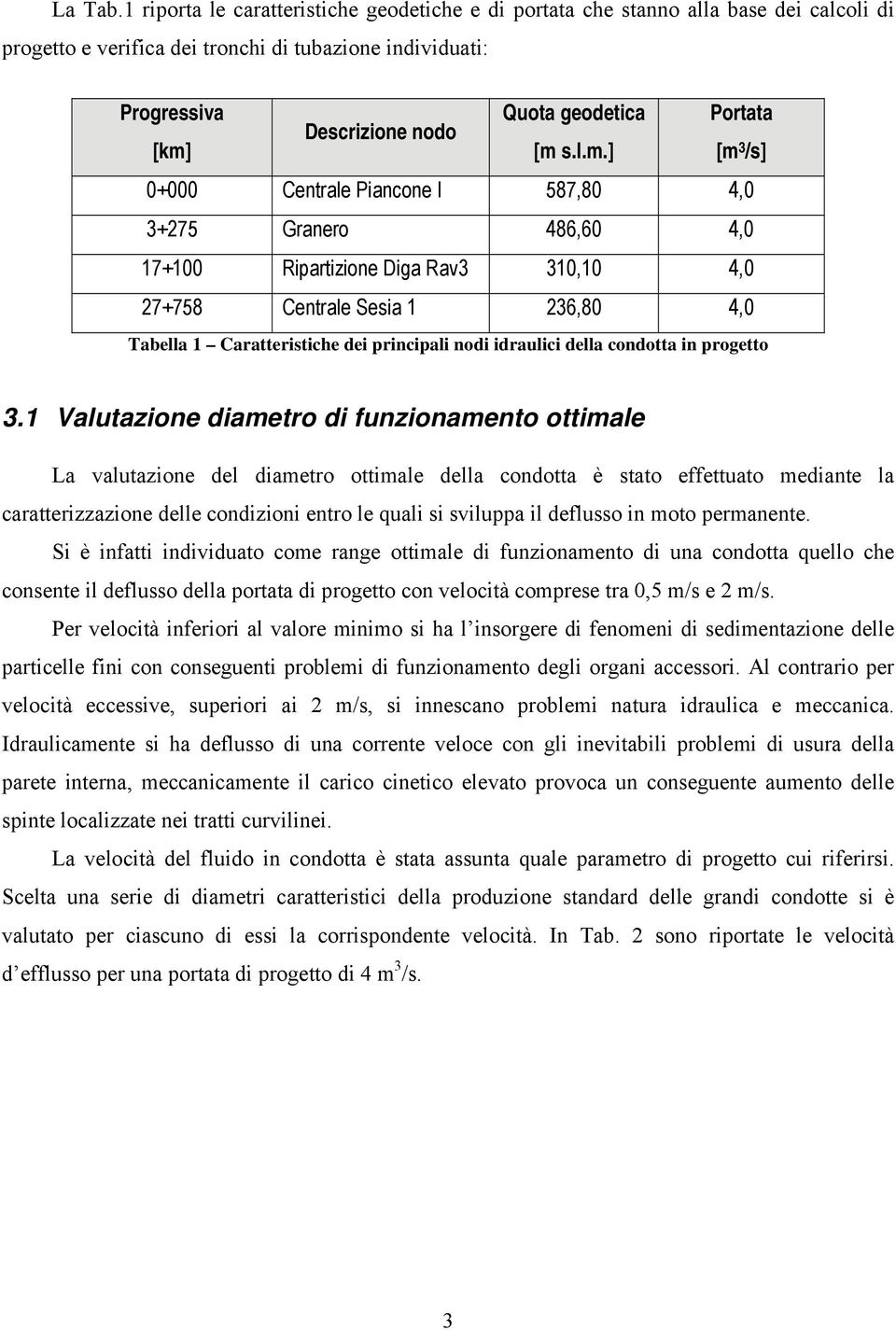 [km] [m s.l.m.] [m 3 /s] 0+000 Centrale Piancone I 587,80 4,0 3+275 Granero 486,60 4,0 17+100 Ripartizione Diga Rav3 310,10 4,0 27+758 Centrale Sesia 1 236,80 4,0 Tabella 1 Caratteristiche dei