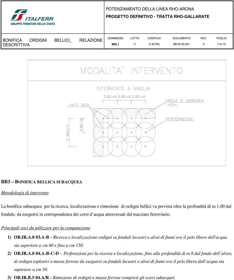 00 dal fondale, da eseguirsi in corrispondenza dei corsi d acqua attraversati dal tracciato ferroviario. Principali voci da utilizzare per la computazione 1) OB.IR..0 03.