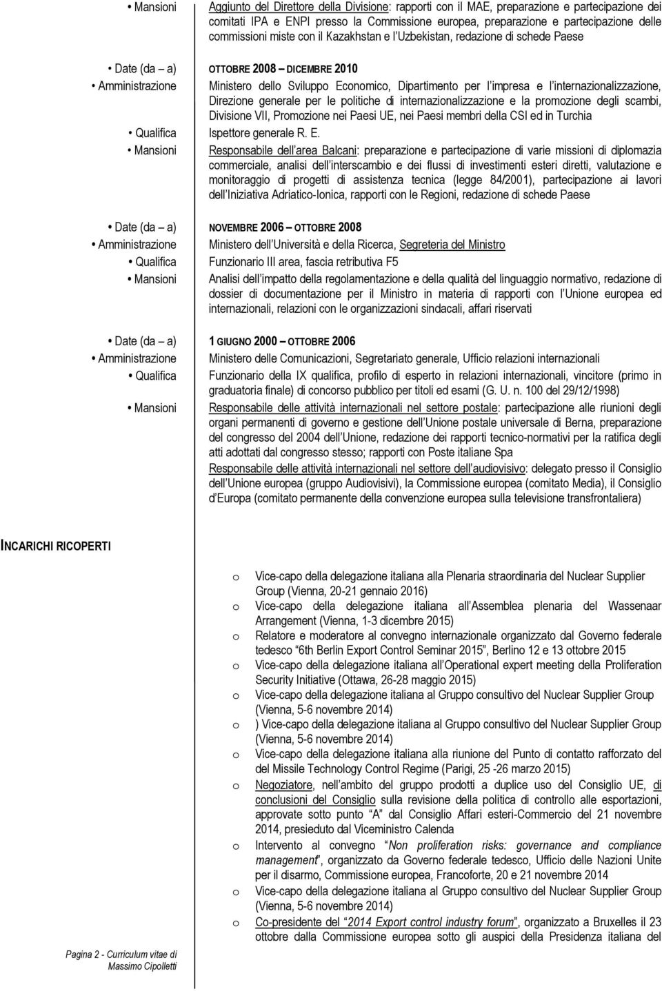 generale per le plitiche di internazinalizzazine e la prmzine degli scambi, Divisine VII, Prmzine nei Paesi UE, nei Paesi membri della CSI ed in Turchia Qualifica Ispettre generale R. E.