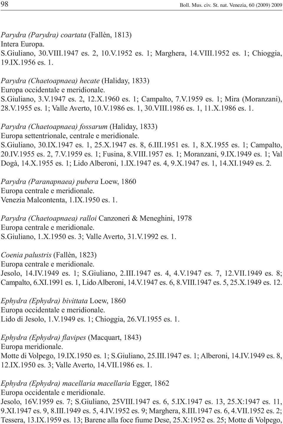 Giuliano, 30.IX.1947 es. 1, 25.X.1947 es. 8, 6.III.1951 es. 1, 8.X.1955 es. 1; Campalto, 20.IV.1955 es. 2, 7.V.1959 es. 1; Fusina, 8.VIII.1957 es. 1; Moranzani, 9.IX.1949 es. 1; Val Dogà, 14.X.1955 es. 1; Lido Alberoni, 1.