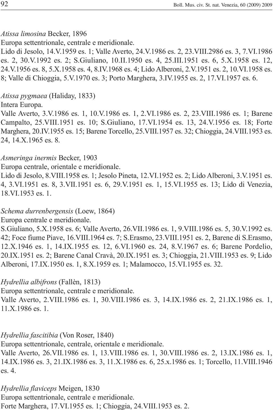 3; Porto Marghera, 3.IV.1955 es. 2, 17.VI.1957 es. 6. Atissa pygmaea (Haliday, 1833) Valle Averto, 3.V.1986 es. 1, 10.V.1986 es. 1, 2.VI.1986 es. 2, 23.VIII.1986 es. 1; Barene Campalto, 25.VIII.1951 es.