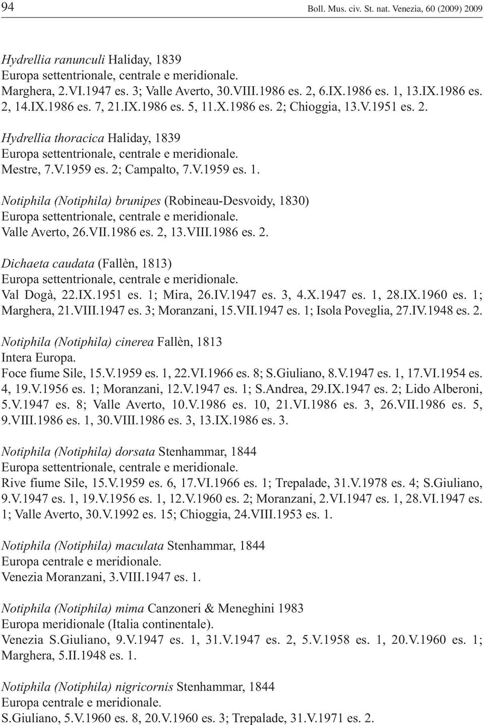 VII.1986 es. 2, 13.VIII.1986 es. 2. Dichaeta caudata (Fallèn, 1813) Val Dogà, 22.IX.1951 es. 1; Mira, 26.IV.1947 es. 3, 4.X.1947 es. 1, 28.IX.1960 es. 1; Marghera, 21.VIII.1947 es. 3; Moranzani, 15.