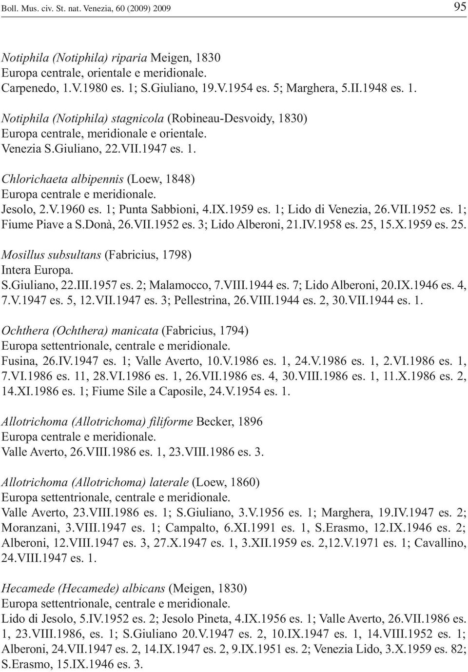 V.1960 es. 1; Punta Sabbioni, 4.IX.1959 es. 1; Lido di Venezia, 26.VII.1952 es. 1; Fiume Piave a S.Donà, 26.VII.1952 es. 3; Lido Alberoni, 21.IV.1958 es. 25, 15.X.1959 es. 25. Mosillus subsultans (Fabricius, 1798) S.