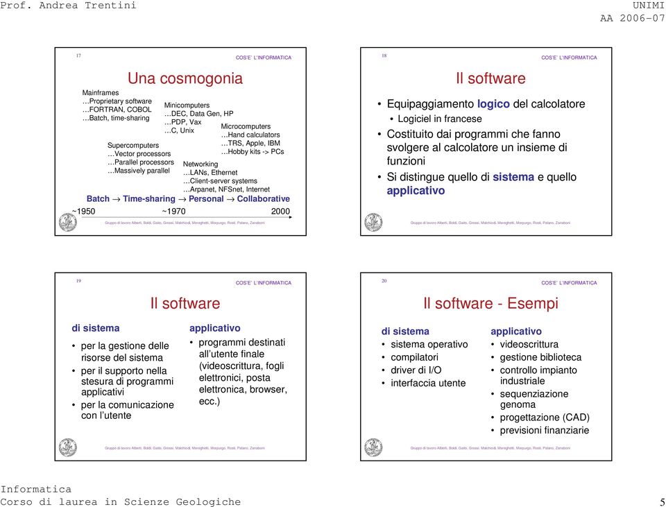 ~1970 2000 18 Il software Equipaggiamento logico del calcolatore Logiciel in francese Costituito dai programmi che fanno svolgere al calcolatore un insieme di funzioni Si distingue quello di sistema