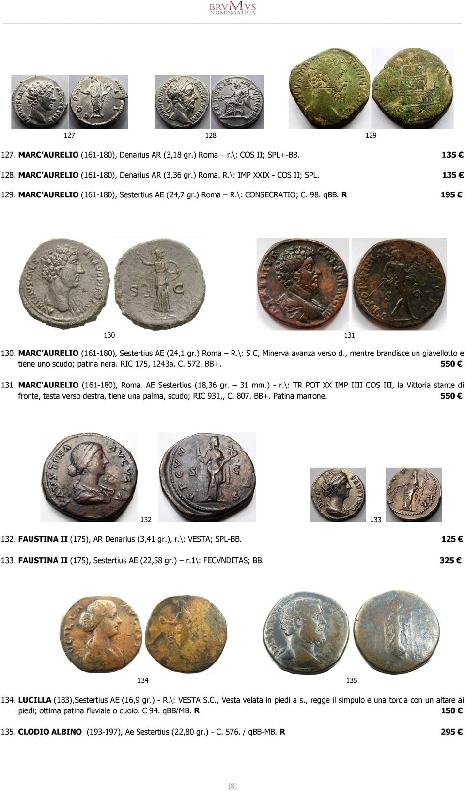 , mentre brandisce un giavellotto e tiene uno scudo; patina nera. RIC 175, 1243a. C. 572. BB+. 550 131. MARC'AURELIO (161-180), Roma. AE Sestertius (18,36 gr. 31 mm.) - r.