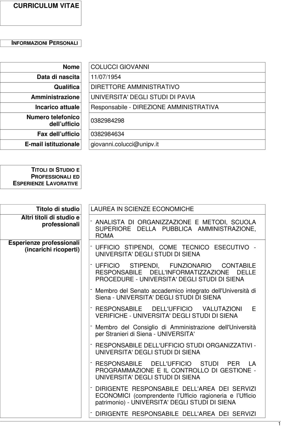 it TITOLI DI STUDIO E PROFESSIONALI ED ESPERIENZE LAVORATIVE Titolo di studio Altri titoli di studio e professionali Esperienze professionali (incarichi ricoperti) LAUREA IN SCIENZE ECONOMICHE -