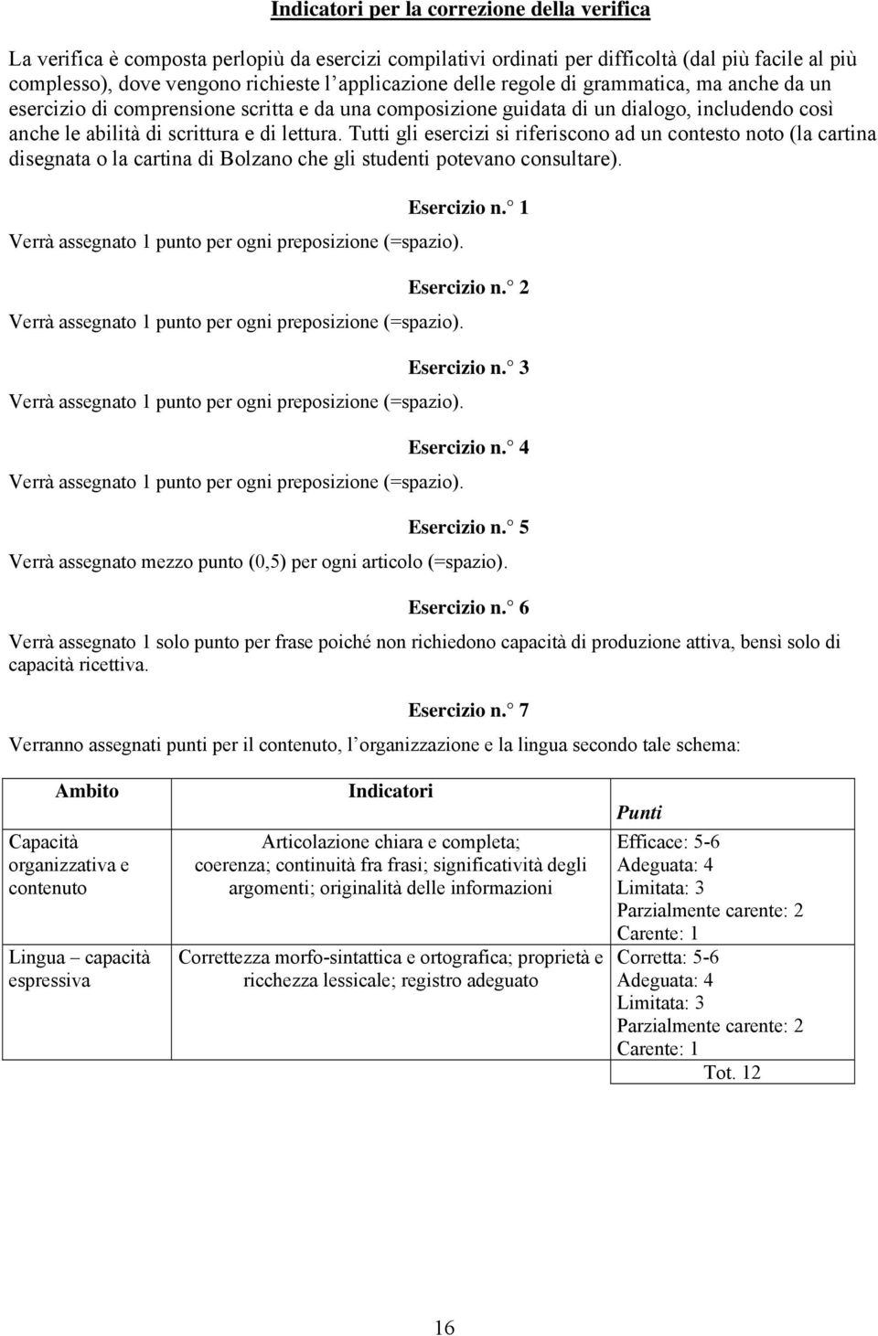 Tutti gli esercizi si riferiscono ad un contesto noto (la cartina disegnata o la cartina di Bolzano che gli studenti potevano consultare). Verrà assegnato 1 punto per ogni preposizione (=spazio).