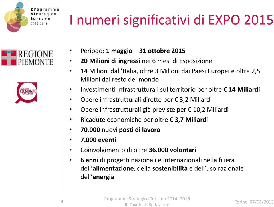 Miliardi Opere infrastrutturali già previste per 10,2 Miliardi Ricadute economiche per oltre 3,7 Miliardi 70.000 nuovi posti di lavoro 7.