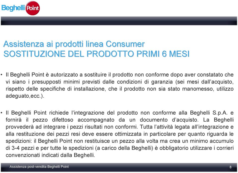 Il Beghelli Point richiede l integrazione del prodotto non conforme alla Beghelli S.p.A. e fornirà il pezzo difettoso accompagnato da un documento d acquisto.