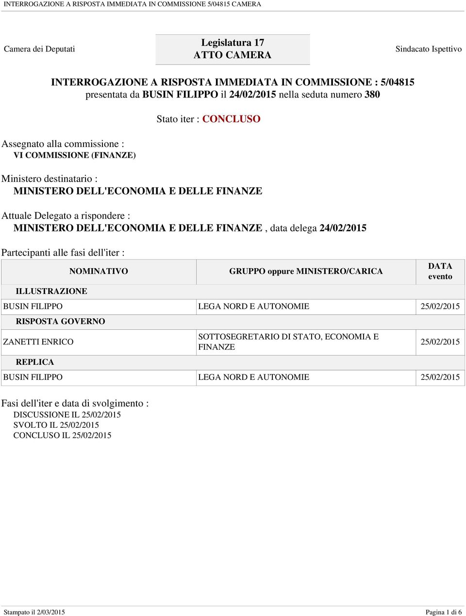 DELLE FINANZE, data delega 24/02/2015 Partecipanti alle fasi dell'iter : ILLUSTRAZIONE NOMINATIVO GRUPPO oppure MINISTERO/CARICA DATA evento BUSIN FILIPPO LEGA NORD E AUTONOMIE 25/02/2015 RISPOSTA