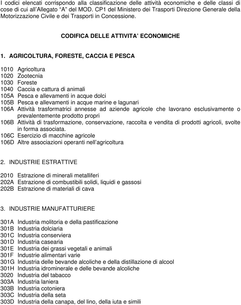 AGRICOLTURA, FORESTE, CACCIA E PESCA 1010 Agricoltura 1020 Zootecnia 1030 Foreste 1040 Caccia e cattura di animali 105A Pesca e allevamenti in acque dolci 105B Pesca e allevamenti in acque marine e