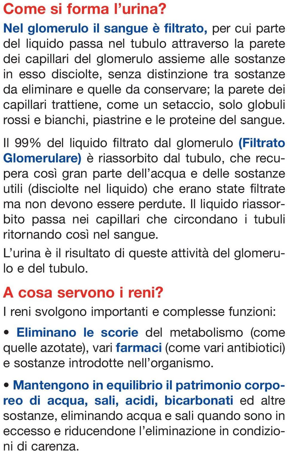 da eliminare e quelle da conservare; la parete dei capillari trattiene, come un setaccio, solo globuli rossi e bianchi, piastrine e le proteine del sangue.