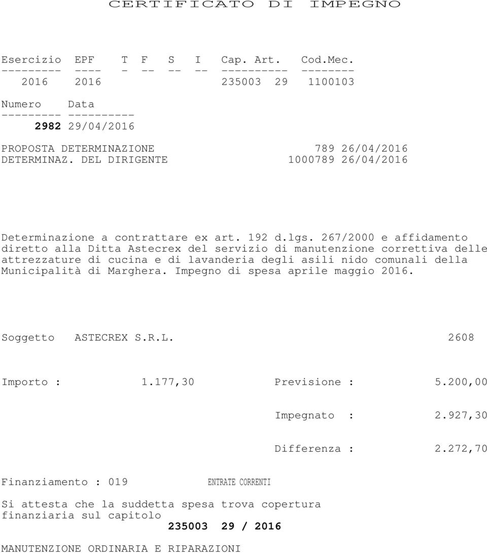 DEL DIRIGENTE 1000789 26/04/2016 Determinazione a contrattare ex art. 192 d.lgs.