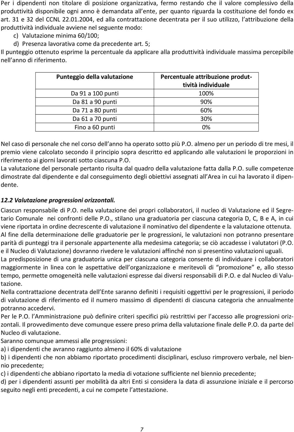 2004, ed alla contrattazione decentrata per il suo utilizzo, l attribuzione della produttività individuale avviene nel seguente modo: c) Valutazione minima 60/100; d) Presenza lavorativa come da