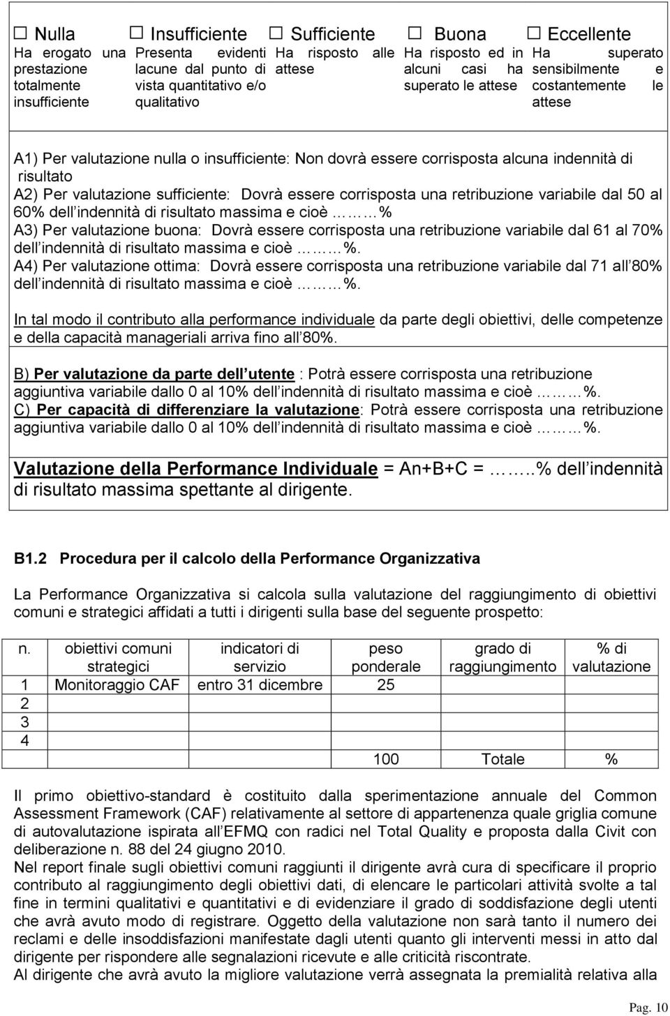 risultato A2) Per valutazione sufficiente: Dovrà essere corrisposta una retribuzione variabile dal 50 al 60% dell indennità di risultato massima e cioè % A3) Per valutazione buona: Dovrà essere