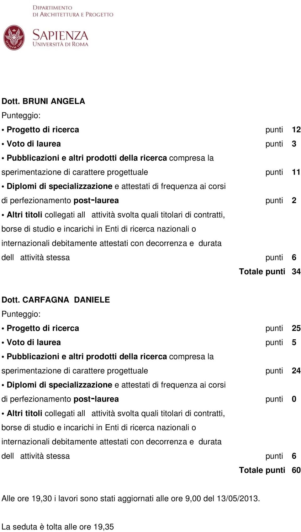 CARFAGNA DANIELE Progetto di ricerca punti 25 sperimentazione di carattere progettuale punti 24 di perfezionamento