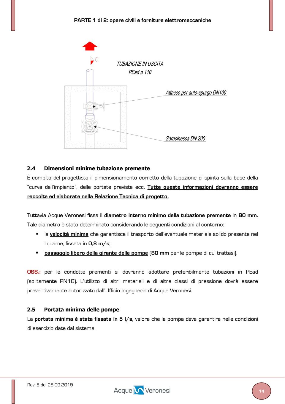 Tale diametro è stato determinato considerando le seguenti condizioni al contorno: la velocità minima che garantisca il trasporto dell eventuale materiale solido presente nel liquame, fissata in 0,8