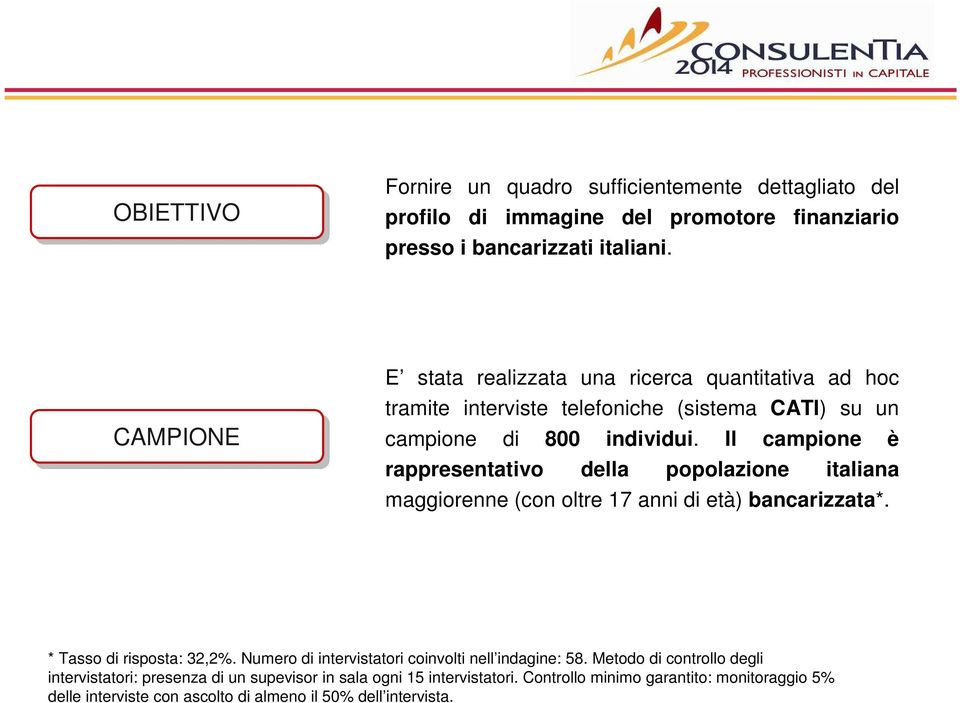 Il campione è rappresentativo della popolazione italiana maggiorenne (con oltre 17 anni di età) bancarizzata*. * Tasso di risposta: 32,2%.