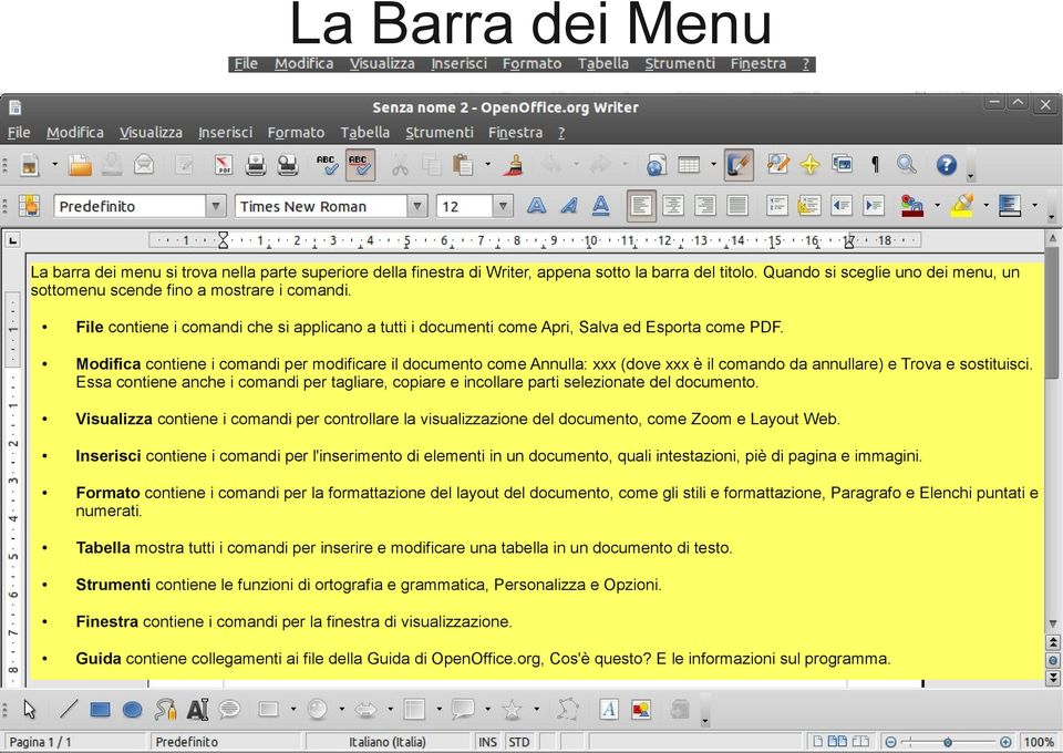 Modifica contiene i comandi per modificare il documento come Annulla: xxx (dove xxx è il comando da annullare) e Trova e sostituisci.