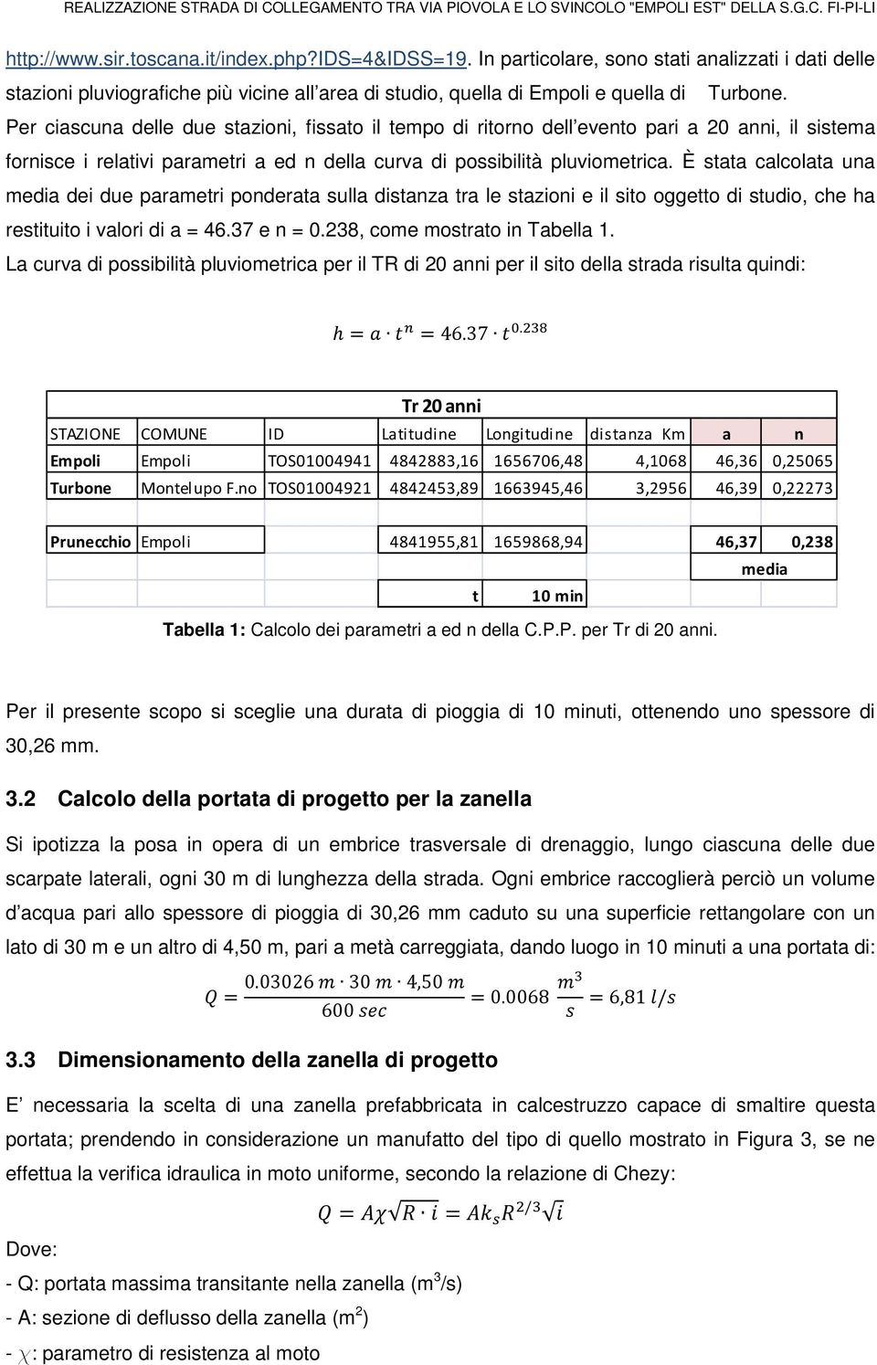 È stata calcolata una media dei due parametri ponderata sulla distanza tra le stazioni e il sito oggetto di studio, che ha restituito i valori di a = 46.37 e n = 0.238, come mostrato in Tabella 1.