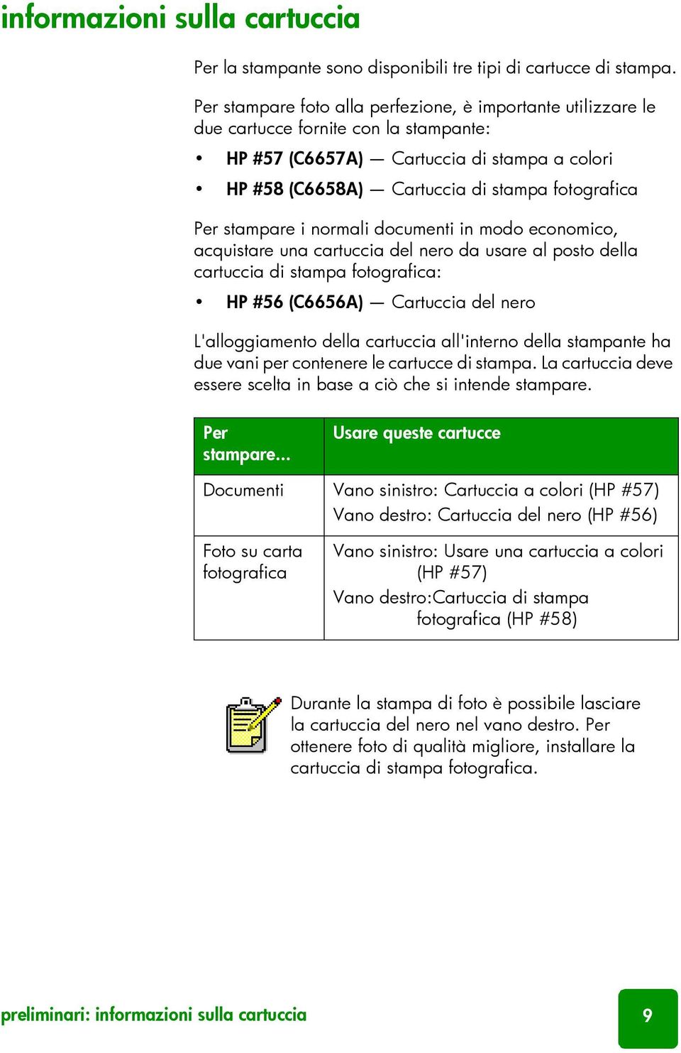 stampare i normali documenti in modo economico, acquistare una cartuccia del nero da usare al posto della cartuccia di stampa fotografica: HP #56 (C6656A) Cartuccia del nero L'alloggiamento della