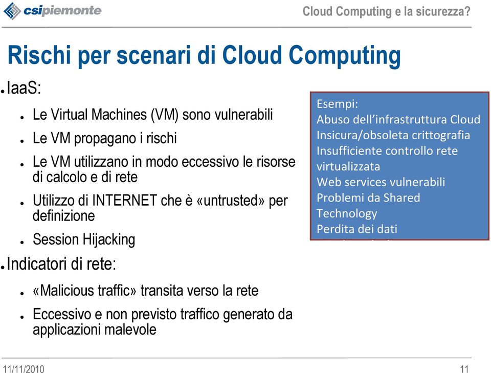 infrastruttura Cloud Insicura/obsoleta crittografia Insufficiente controllo rete virtualizzata Web services vulnerabili Problemi da Shared