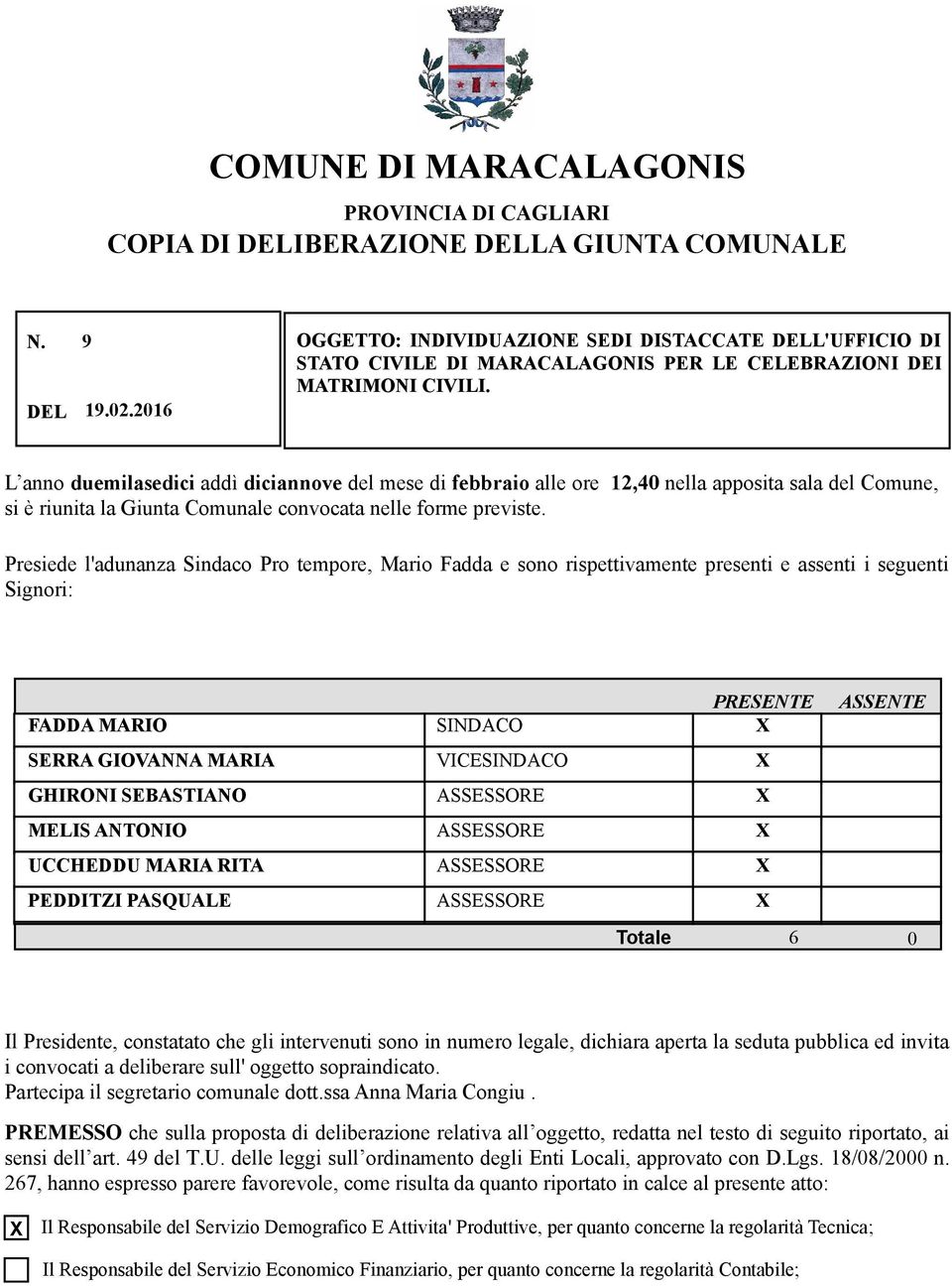 2016 L anno duemilasedici addì diciannove del mese di febbraio alle ore 12,40 nella apposita sala del Comune, si è riunita la Giunta Comunale convocata nelle forme previste.