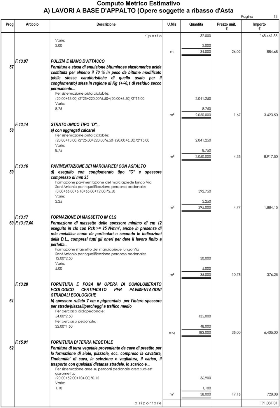 00)/2*25+220.00*6,50+(20.00+6,50)/2*15.00 2.041,250 8.75 8,750 m² 2.050,000 1,67 3.423,50 F.13.14 STRATO UNICO TIPO "D"... 58 a) con aggregati calcarei Per sistemazione pista ciclabile: (20.00+13.