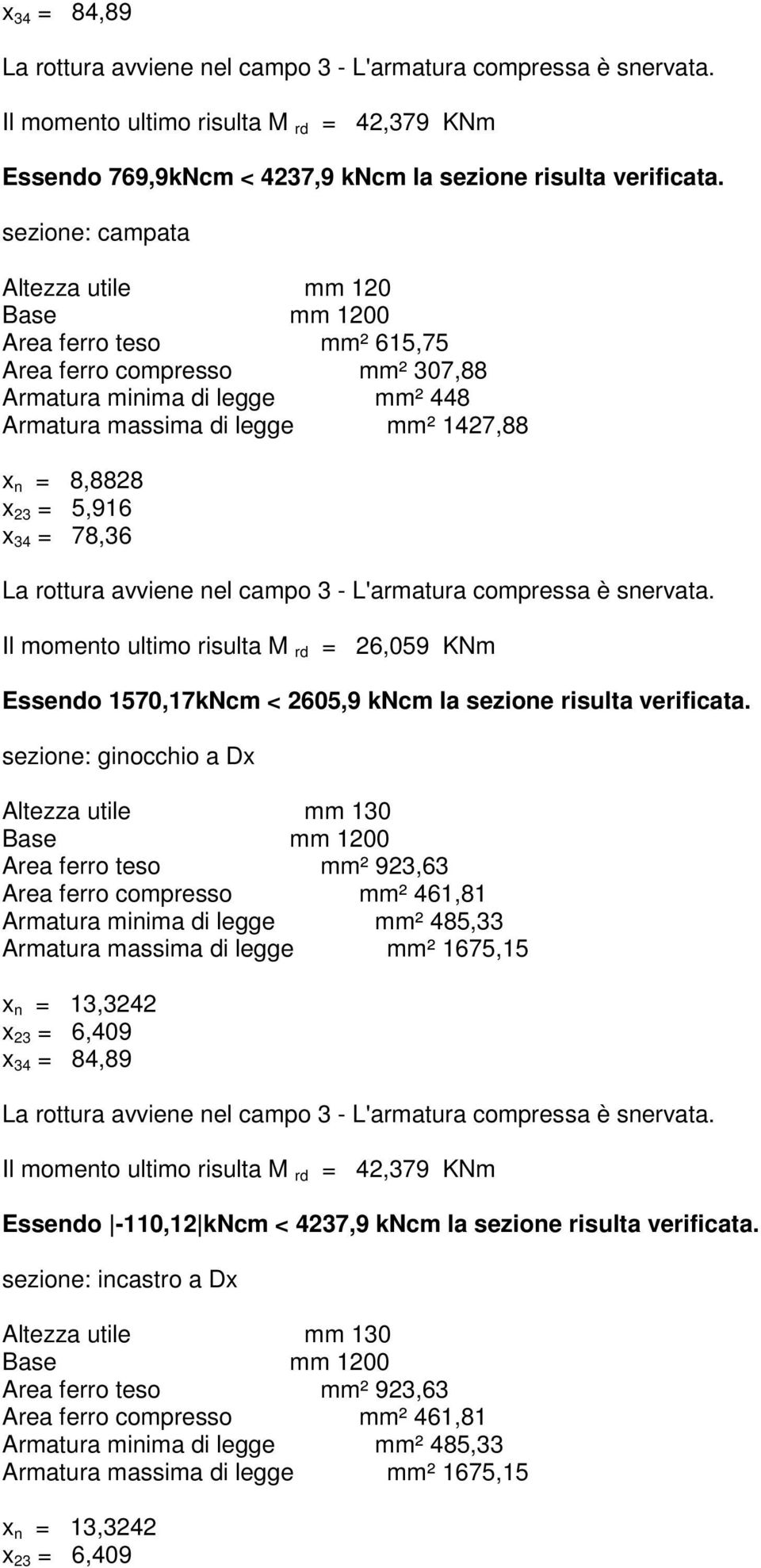 = 5,916 x 34 = 78,36 La rottura avviene nel campo 3 - L'armatura compressa è snervata. Il momento ultimo risulta M rd = 26,059 KNm Essendo 1570,17kNcm < 2605,9 kncm la sezione risulta verificata.