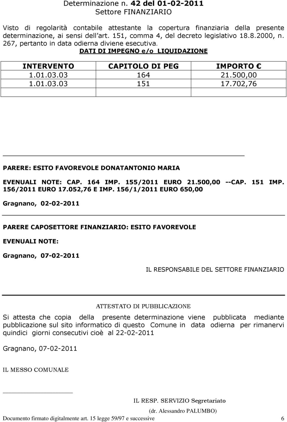 702,76 PARERE: ESITO FAVOREVOLE DONATANTONIO MARIA EVENUALI NOTE: CAP. 164 IMP. 155/2011 EURO 21.500,00 --CAP. 151 IMP. 156/2011 EURO 17.052,76 E IMP.