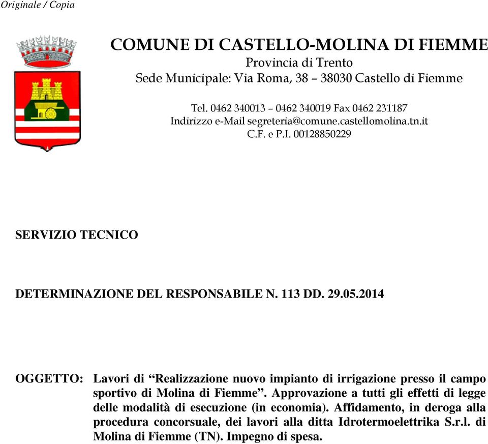 113 DD. 29.05.2014 OGGETTO: Lavori di Realizzazione nuovo impianto di irrigazione presso il campo sportivo di Molina di Fiemme.