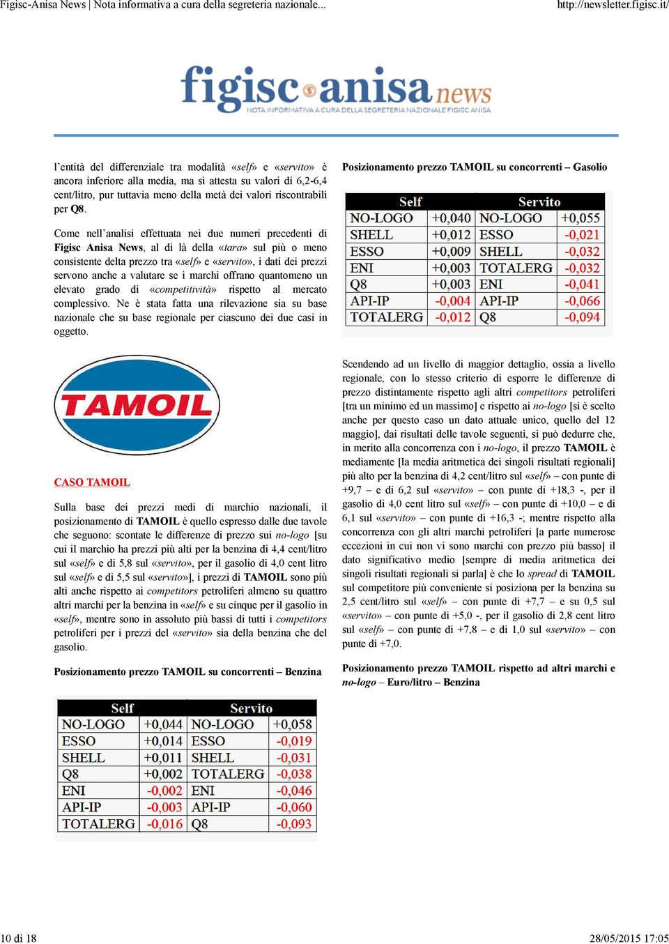 Posizionamento prezzo TAMOIL su concorrenti Gasolio Come nell analisi effettuata nei due numeri precedenti di Figisc Anisa News, al di là della «tara» sul più o meno consistente delta prezzo tra