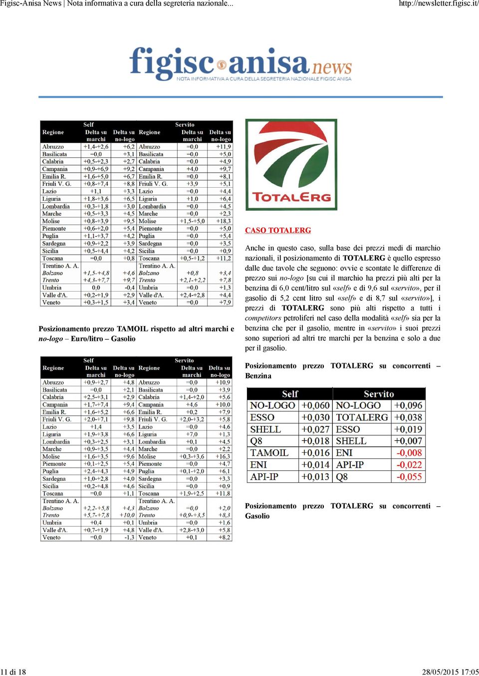 di TOTALERG è quello espresso dalle due tavole che seguono: ovvie e scontate le differenze di prezzo sui no-logo [su cui il marchio ha prezzi più alti per la benzina di 6,0 cent/litro sul «self» e di