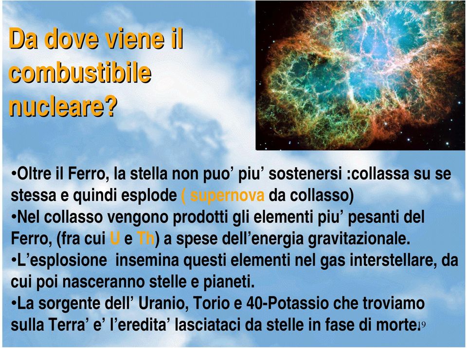 collasso vengono prodotti gli elementi piu pesanti del Ferro, (fra cui U e Th) a spese dell energia gravitazionale.