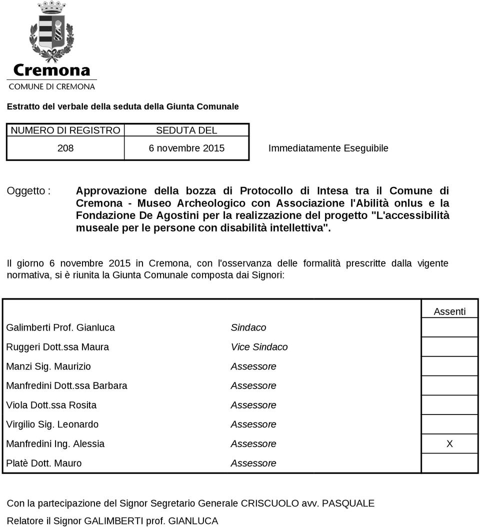 intellettiva". Il giorno 6 novembre 2015 in Cremona, con l'osservanza delle formalità prescritte dalla vigente normativa, si è riunita la Giunta Comunale composta dai Signori: Galimberti Prof.