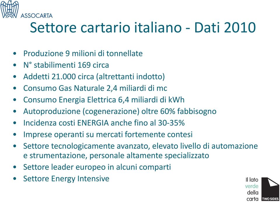 Autoproduzione (cogenerazione) oltre 60% fabbisogno Incidenza costi ENERGIA anche fino al 30 35% Imprese operanti su mercati fortemente