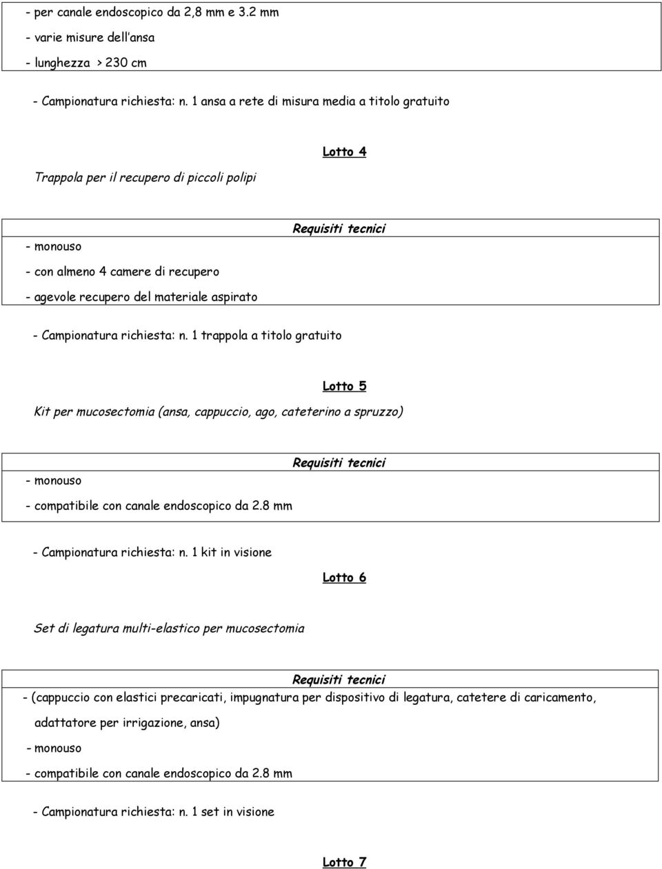 richiesta: n. 1 trappola a titolo gratuito Lotto 5 Kit per mucosectomia (ansa, cappuccio, ago, cateterino a spruzzo) - compatibile con canale endoscopico da 2.8 mm - Campionatura richiesta: n.