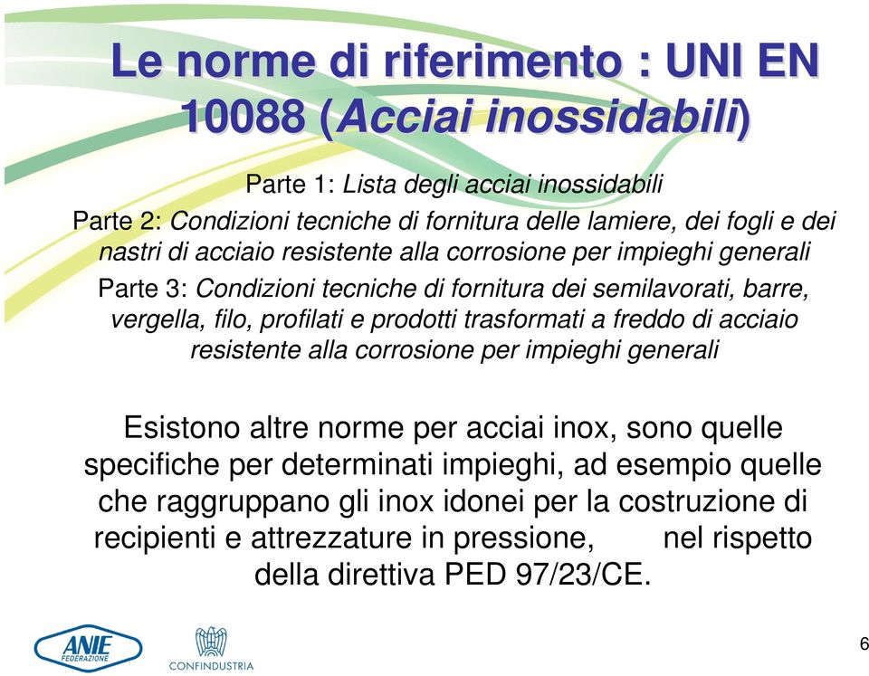 profilati e prodotti trasformati a freddo di acciaio resistente alla corrosione per impieghi generali Esistono altre norme per acciai inox, sono quelle specifiche per