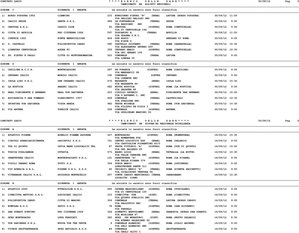 2) CALCIO SEZZE GAETA S.R.L. 684 LE FONTANELLE (TERRA) SEZZE 30/09/12 9:00 VIA BASSIANO SNC 3) CERTOSA A.R.L. CASSIO CLUB 92 CERTOSA (SINTEX) ROMA (CENTOCELLE) 30/09/12 9:00 VIA DI CENTOCELLE 146 4) CITTA DI APRILIA PRO CISTERNA 1926 597 TOSCANINI A.