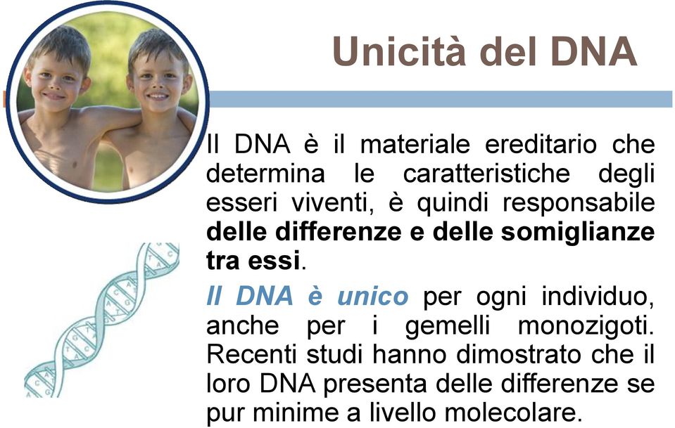 essi. Il DNA è unico per ogni individuo, anche per i gemelli monozigoti.