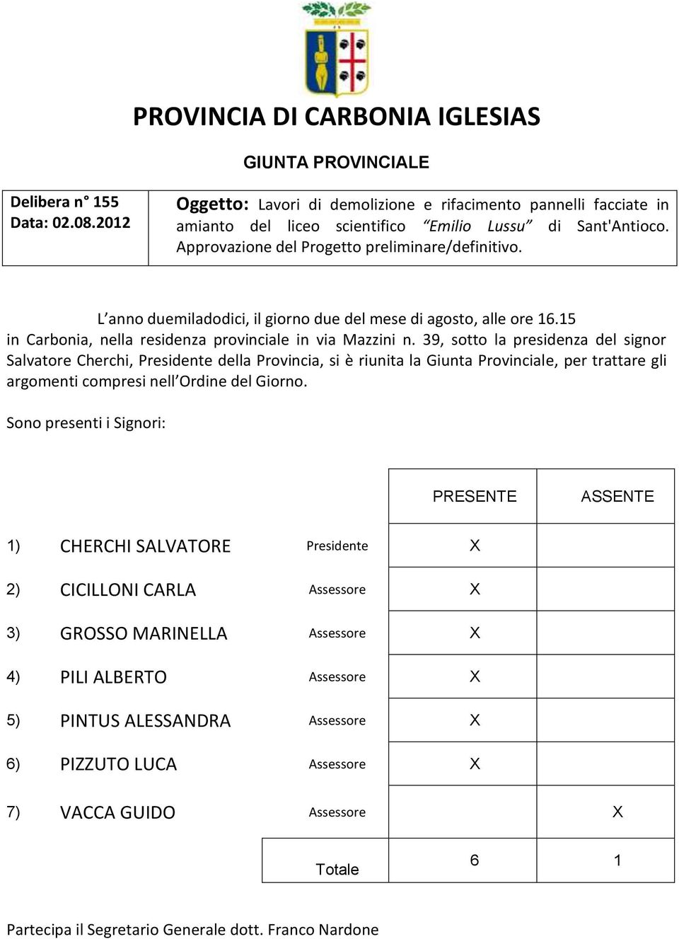 L anno duemiladodici, il giorno due del mese di agosto, alle ore 16.15 in Carbonia, nella residenza provinciale in via Mazzini n.