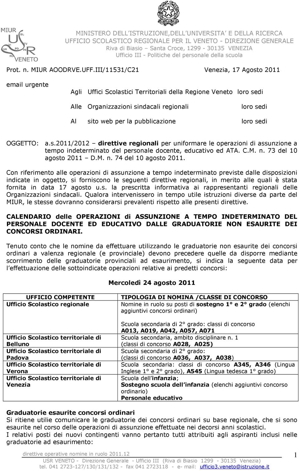 pubblicazione loro sedi OGGETTO: a.s.2011/2012 direttive regionali per uniformare le operazioni di assunzione a tempo indeterminato del personale docente, educativo ed ATA. C.M. n.